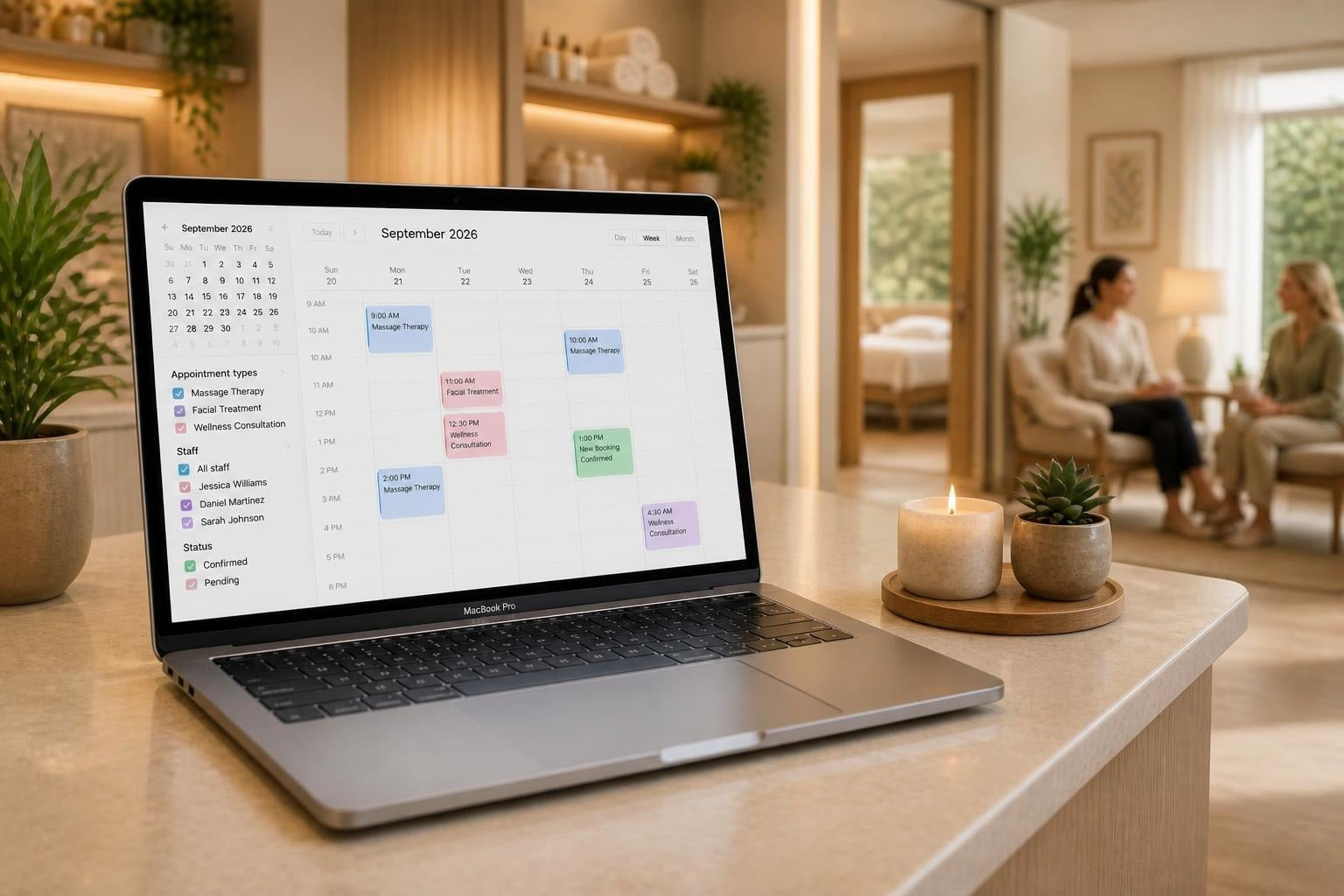 Laptop displaying an appointment calendar in a welcoming wellness center