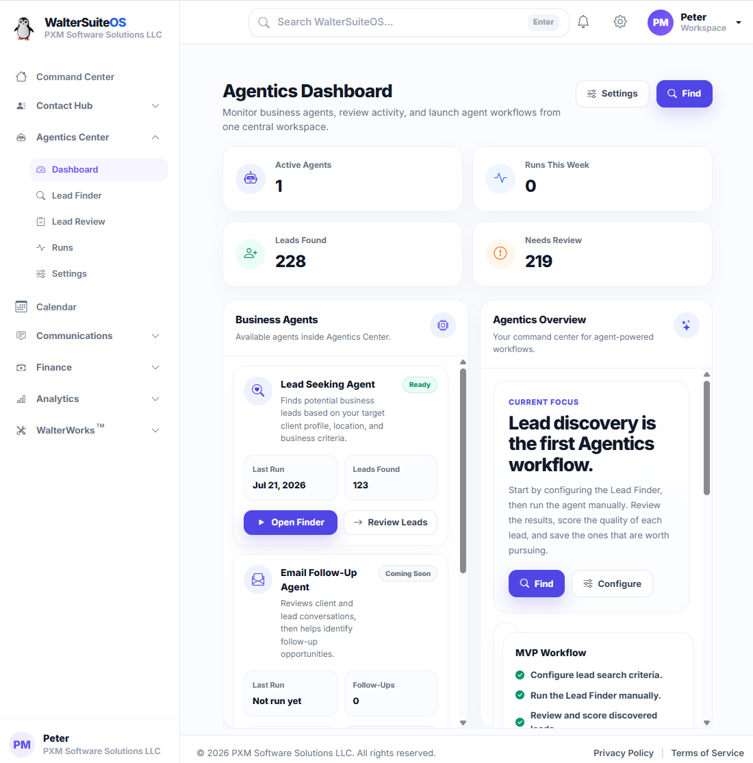 WalterSuiteOS dashboard showing AI agents, lead generation, communications, email context, finance, analytics, and connected business workflows